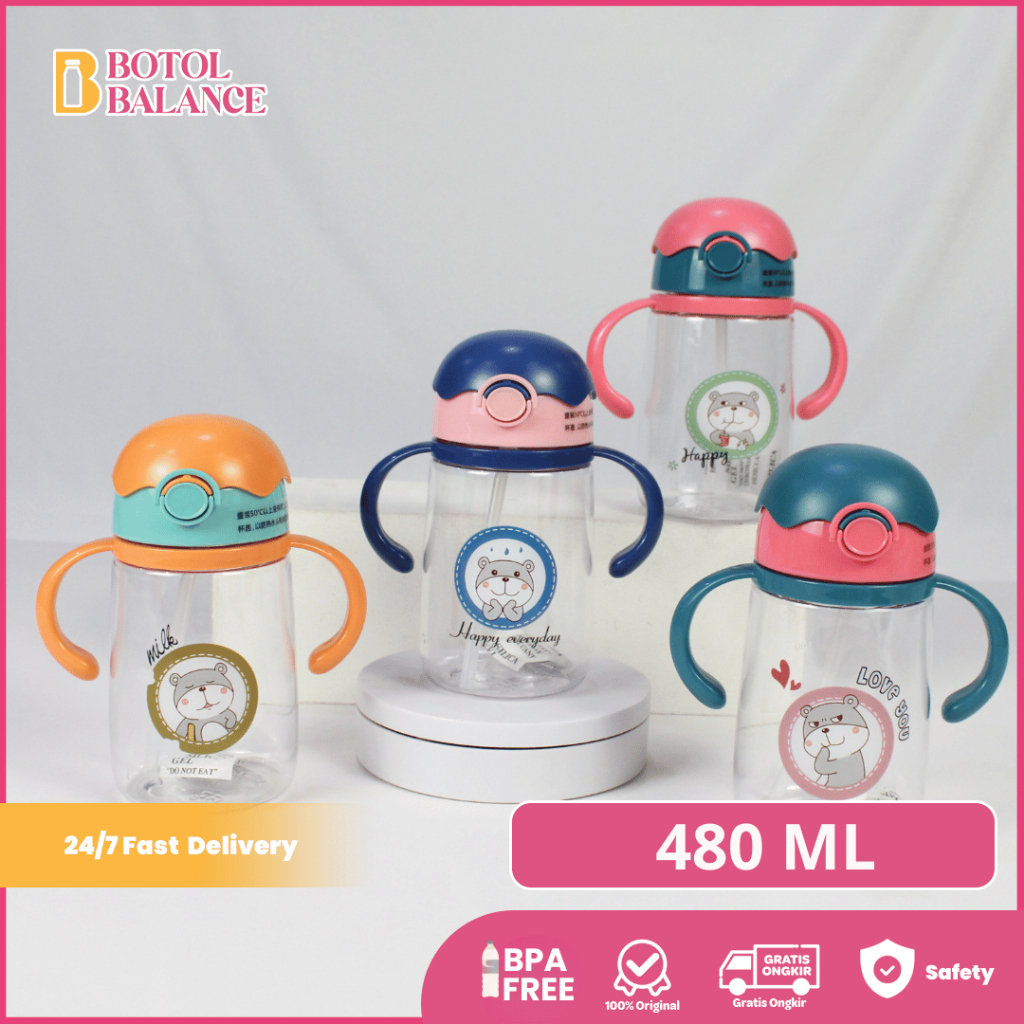 Botol Minum Anak 450 ML Gagang Tempat Air Minum Anak TK SD Karakter Lucu BPA Free B-2215