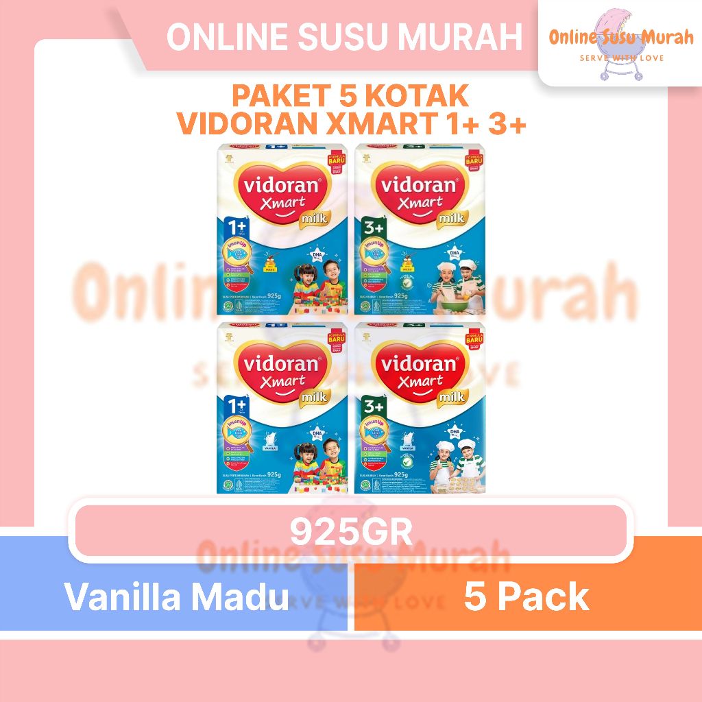 VIDORAN PAKET 5 KOTAK XMART 1+ 3+ 925GR VANILA MADU TAHAP 1 DAN 3 925 GR SUSU ANAK MURAH SMART SSKD