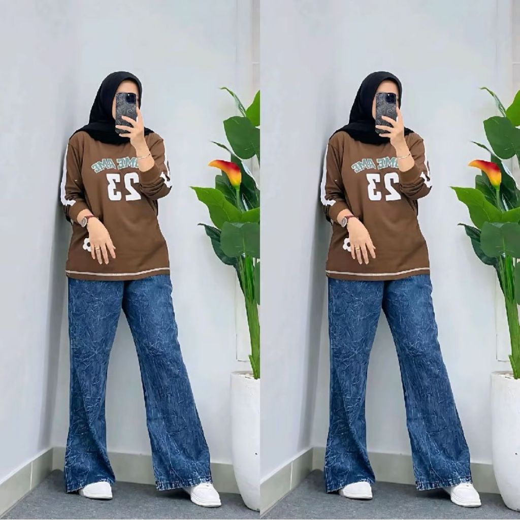 Setelan Wanita Korean Style 23 Oversize Atasan + Celana Jeans