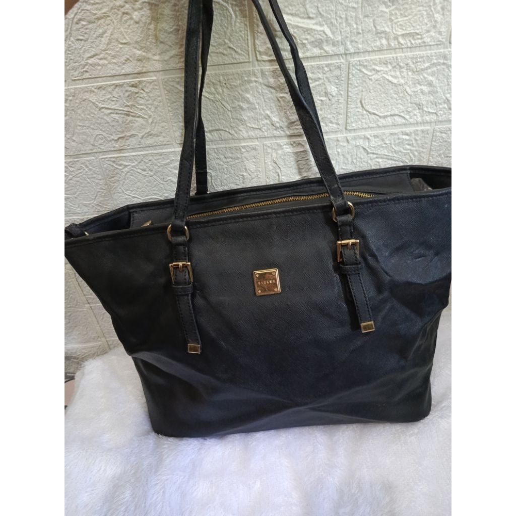 Tote bag preloved Sisley kulit safiano berziper