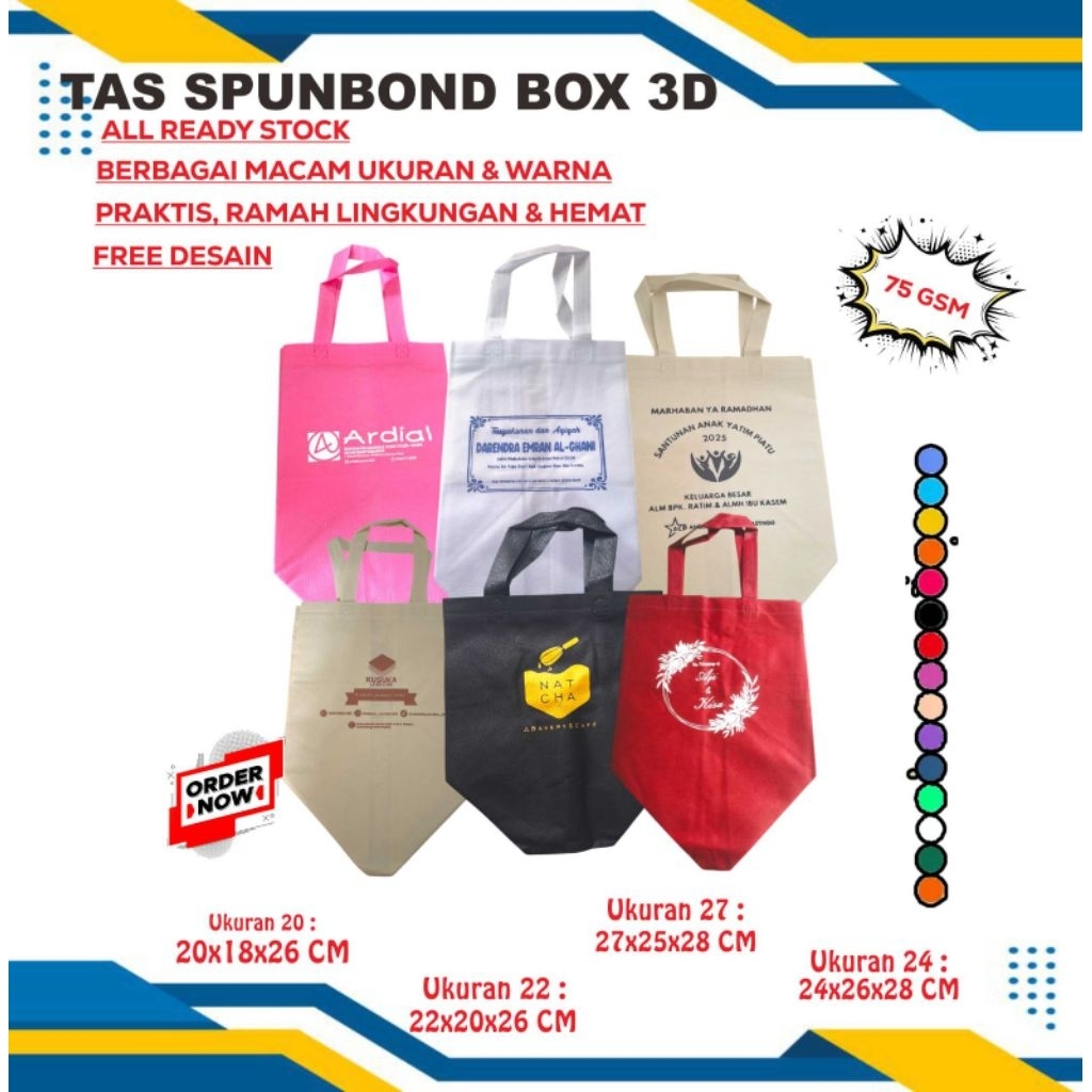 

Goodie bag tas Spunbound Box cocok untuk Hajatan sablon rapi dan cepat