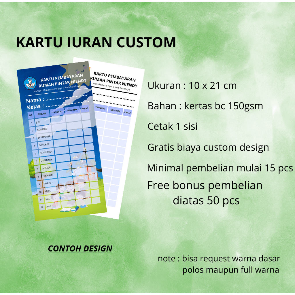 Kartu pembayaran iuran sekolah | kartu pembayaran spp les bimbel | custom design