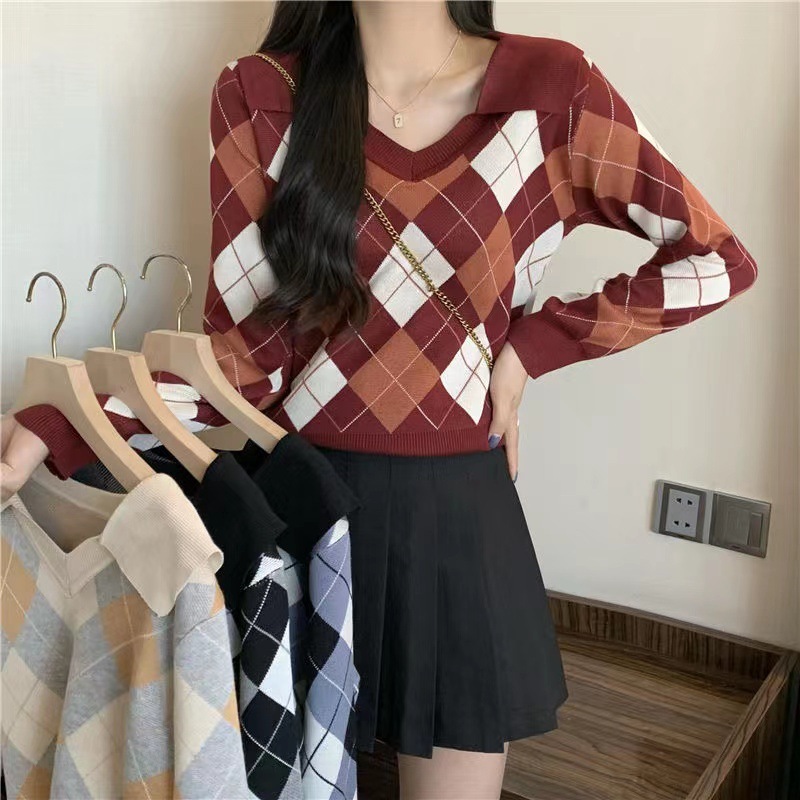 AJW Atasan Rajut Kotak Kotak Knit Lengan Panjang XCX | Outer Rajut Kotak Kotak Lengan Panjang | Atas