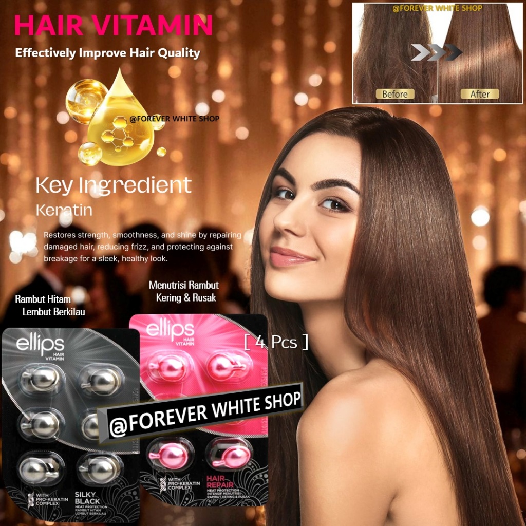 Isi 4 Kapsul Ellips Vitamin Rambut Rontok dan Kering Pink & Hitam BPOM Halal FWS Serum Rambut Hair V