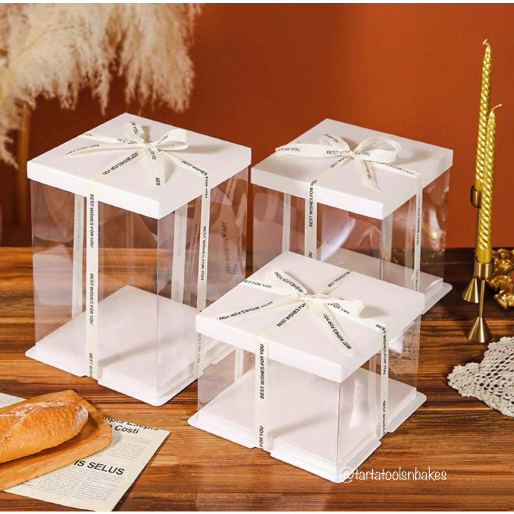 Kotak Mika Kue Cake Segi Bening Transparan / Putih / Hitam 25.5x25.5x34CM