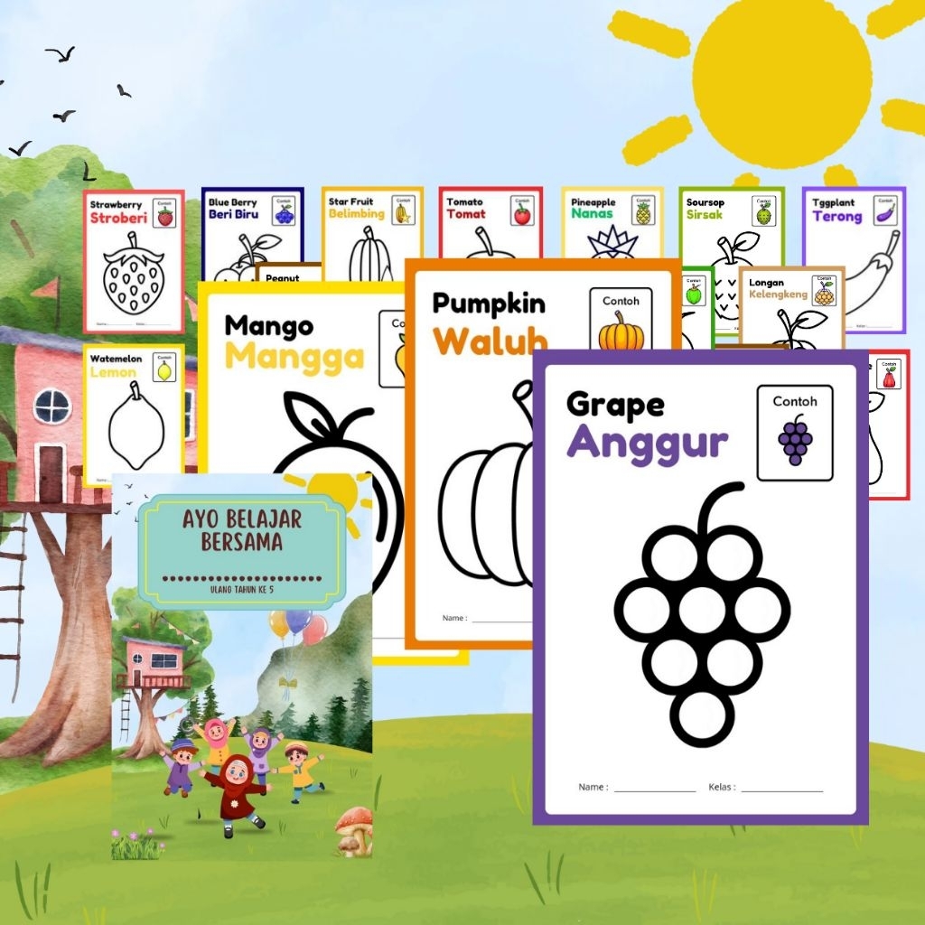 

50 Lembar Print Mewarnai Anak KB/PAUD/TK ukuran A5 (14,8 x 21 cm) berwarna