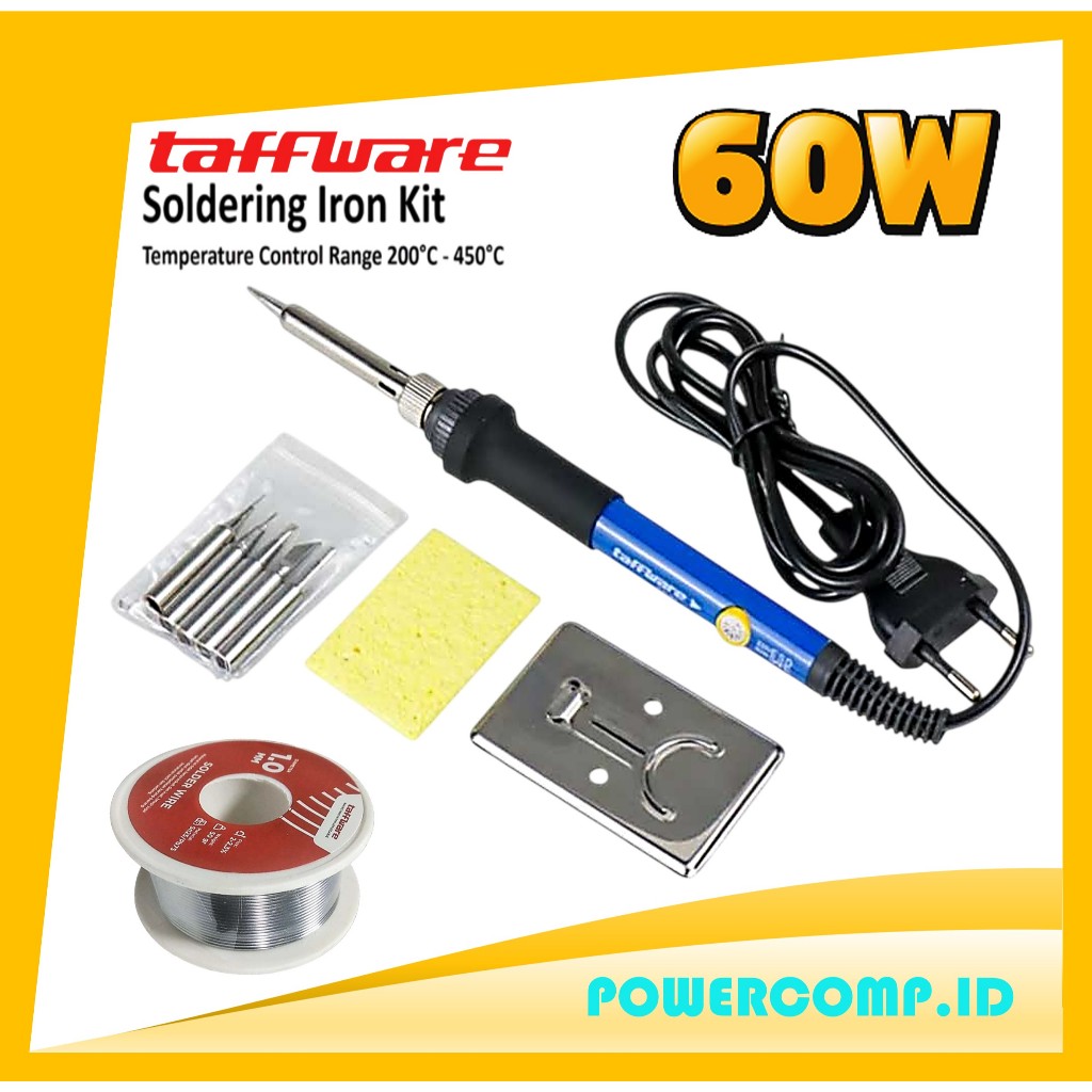 Taffware Solder Iron Kit 60W – Temperatur 200-450°C, 5 Tip Solder, Timah, Sponge & Dudukan – Solder 