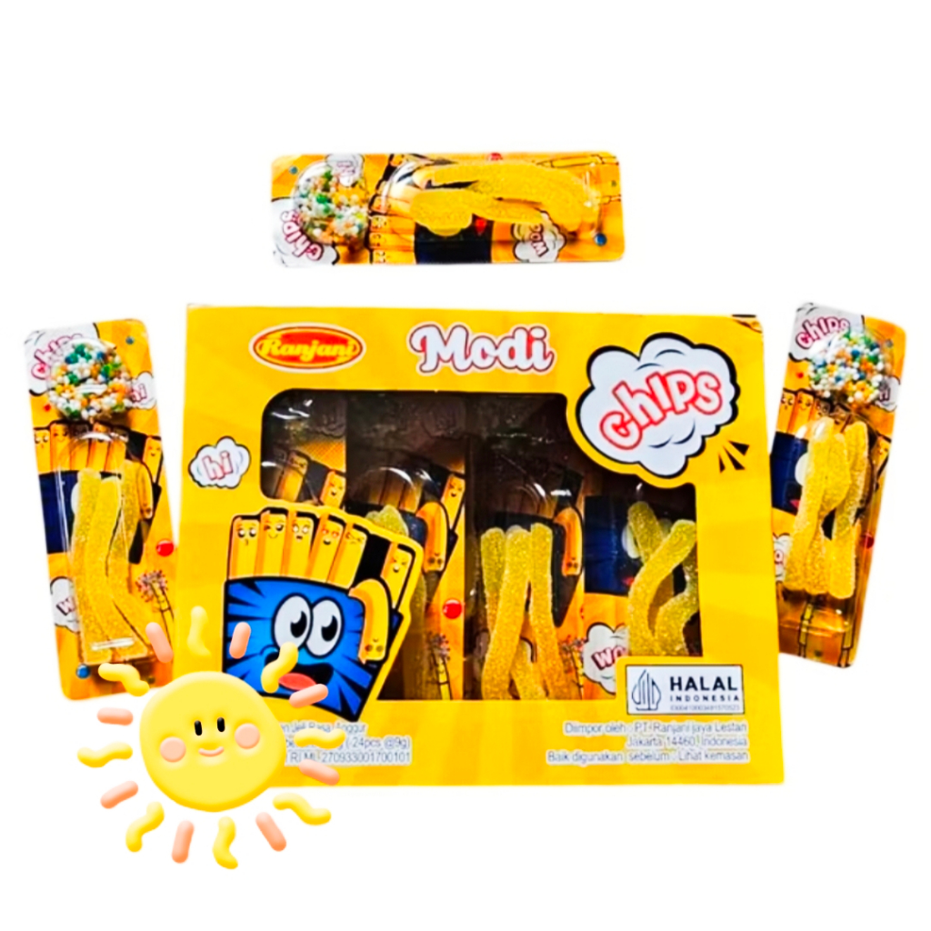

1 pack isi 24 pcs permen Modi permen jeli rasa anggur dari Ranjani dengan bentuk stik kentang disertai butiran permen warna warni