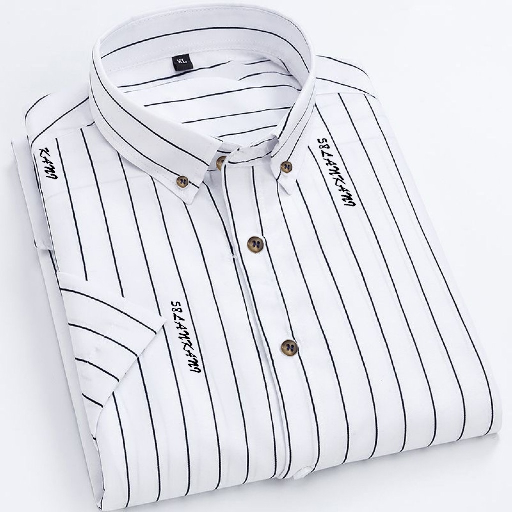 Kemeja Pria Distro Bordir Garis-Garis Lengan Panjang Atasan Baju Dewasa Putih Hitam Premium Pola gar