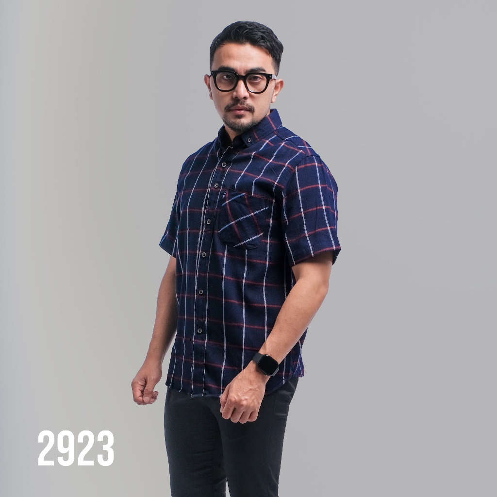 PAKAJI Kemeja Flanel Pria Lengan Pendek Navy Garis Merah Putih Kemeja Pria Flanel Pria Kemeja Pendek