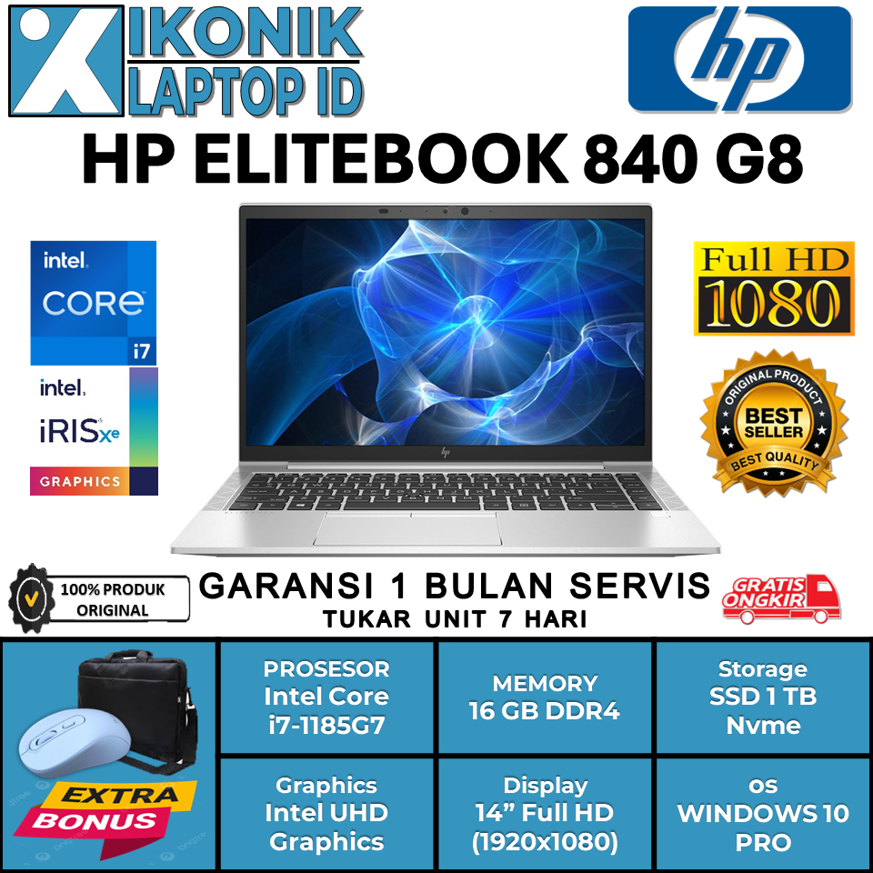 Laptop Tipis core i7 HP Elitebook 840 G8 Intel Core i7 1185G7 Ram 16 GB Ssd 1 TB Nvme Window 10 PRO