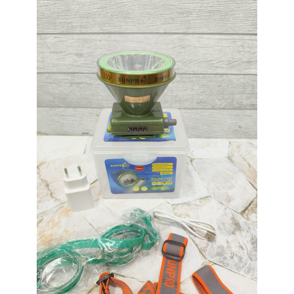 Senter Kepala Selam SUNPRO S-8965 300Watt Tombol Dimmer Diputar Cahaya Putih Diving Super Terang SUN