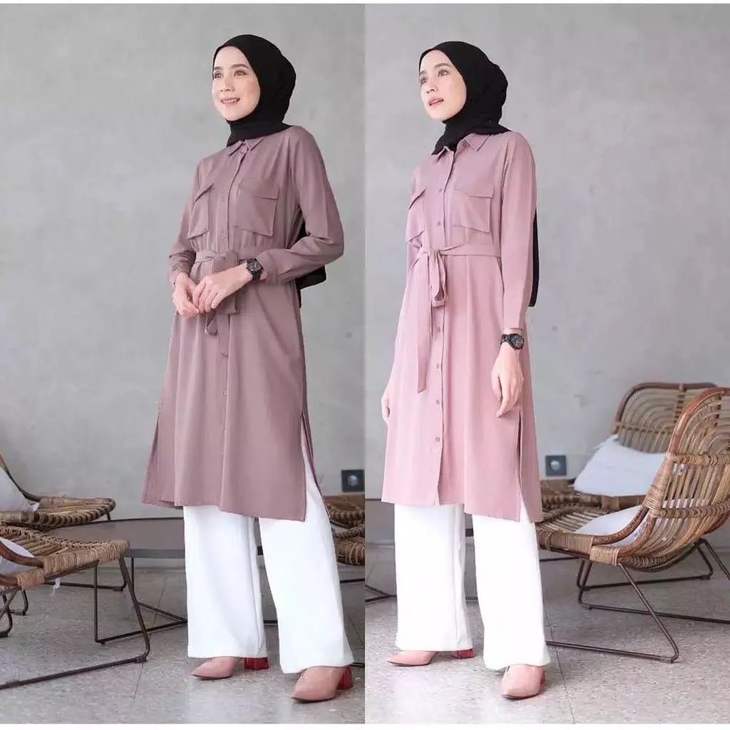 MODIS Tunik Wanita Jumbo Bronze Polos Long Dres Wanita Muslim Tangan Manset Kancing Aktif Free Belt