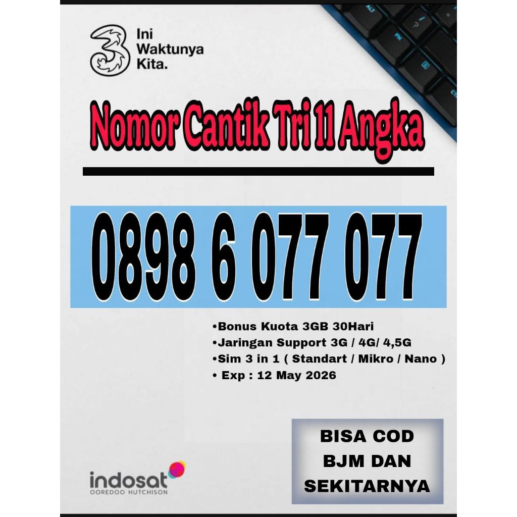 Nomor cantik kartu Tri 11 angka Super Rapi Ekor double 077 077 Nomor cantik kartu Tri 11 angka Rapi 