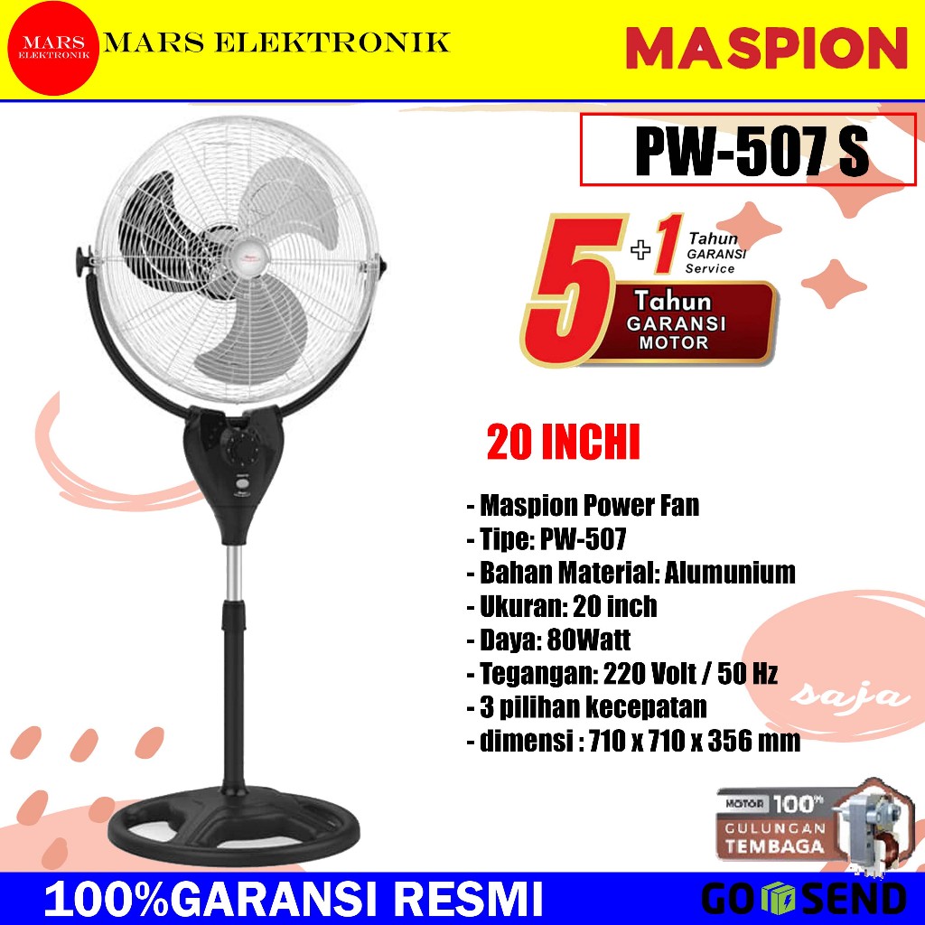KIPAS ANGIN MASPION STAND PW-507S - 20 INCHI - POWER FAN PW 507 S - PW507S - READY