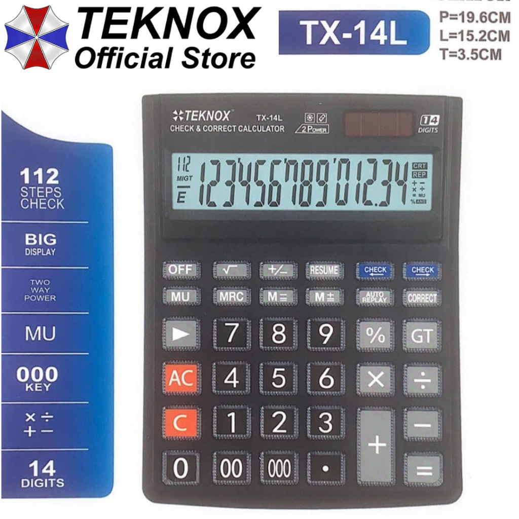 

TEKNOX Calculator TX-14L - 14 Digits - Dual Power - Kalkulator Ukuran Besar Dagang Kantor Sekolah