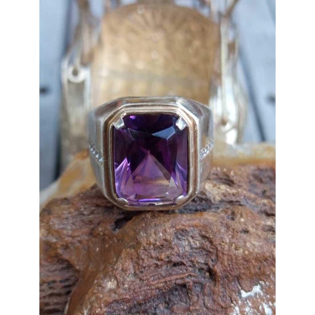 Natural Amethyst Kristal Octagon Ring Perak 925 Handmade Tebal