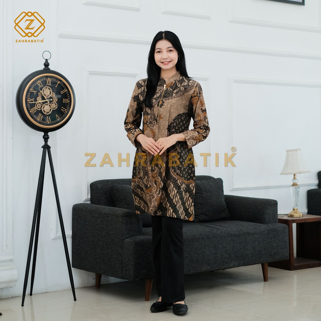 Batik Zahra-Tunik Wanita-Motif Jayantaka Warna Hijau Army