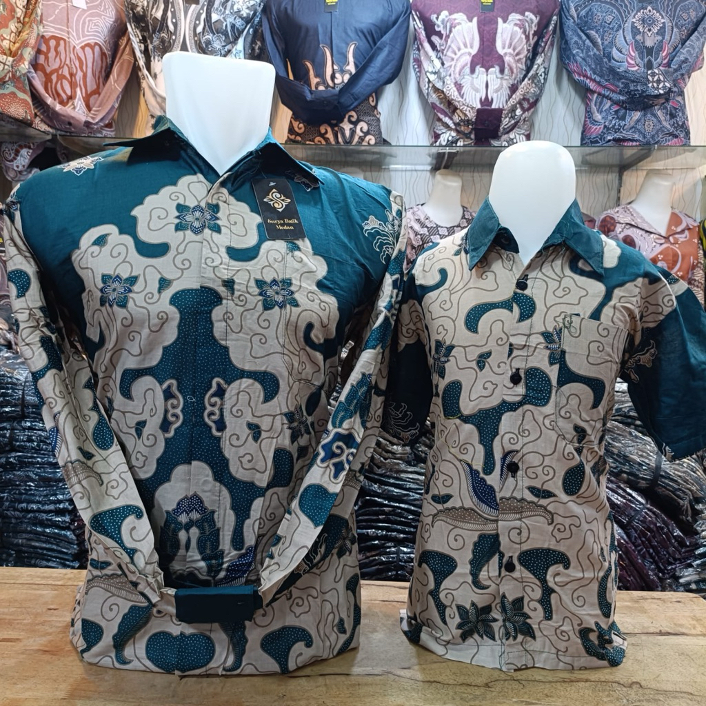 Batik couple tunik , kemeja dan anak warna hijau emerald