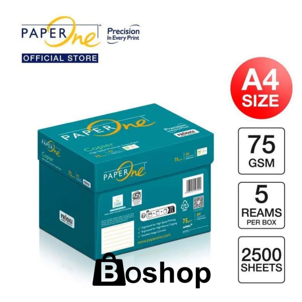 

PAPER ONE Copier A4 Premium 75 GSM 500 Sheets / Lembar Kemasan 1 Rim / 5 Rim = 1 Dus
