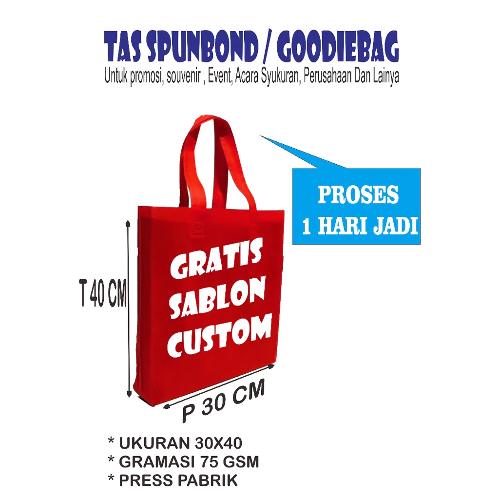 TAS SPUNBOND tali SABLON custom 30x40x8 Tas Goodie Bag custom / TAS SOUVENIR GOODIE BAG / Souvenir W