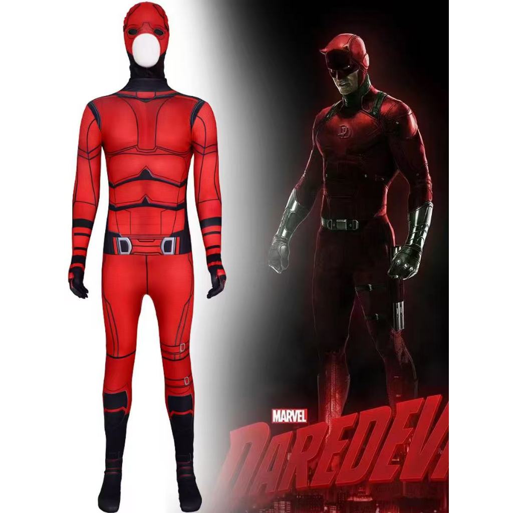 Movie Daredevil Cosplay Jumpsuit Costume Superhero Zentai Suit Bodysuit With Headwear Mask Halloween