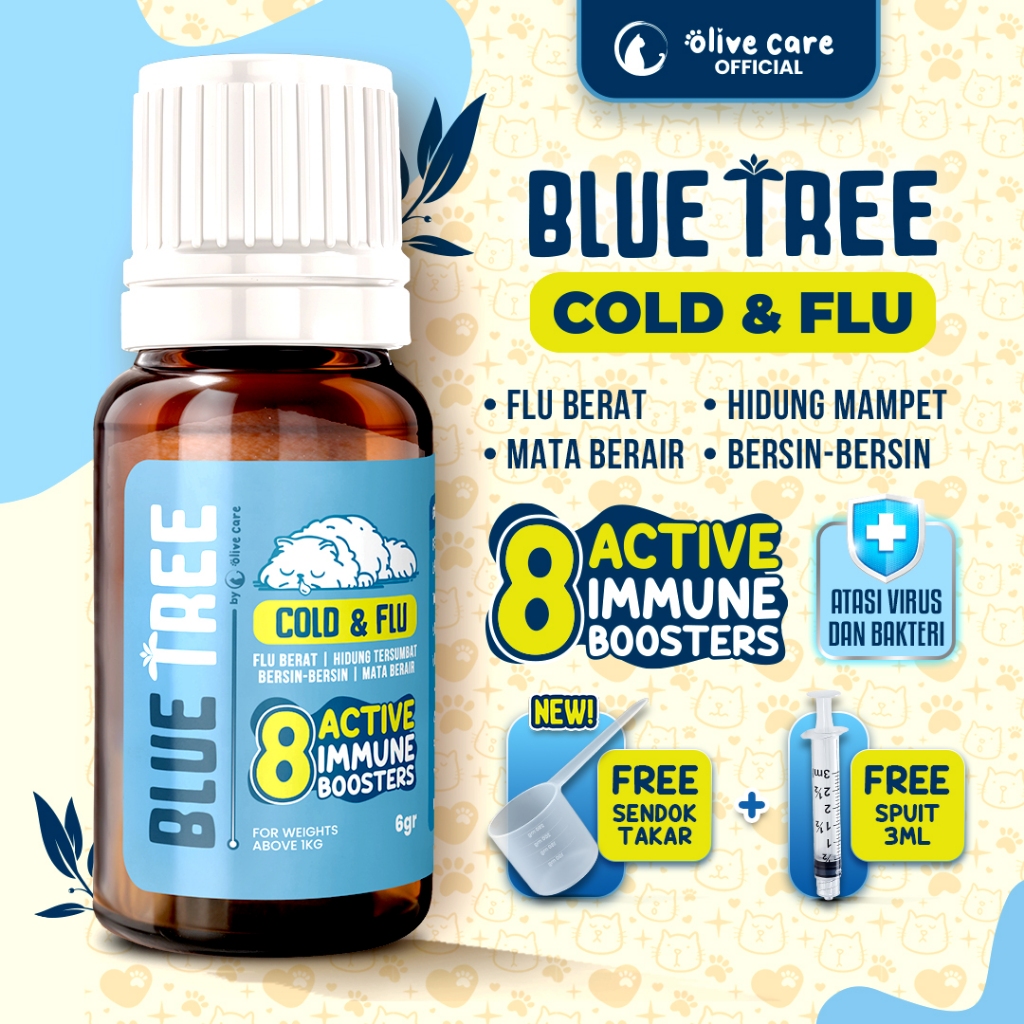 Olive Care Vitamin Obat Kucing BLUE TREE Cold & Flu dengan 8 Bahan Aktif Immune Booster untuk Mengat