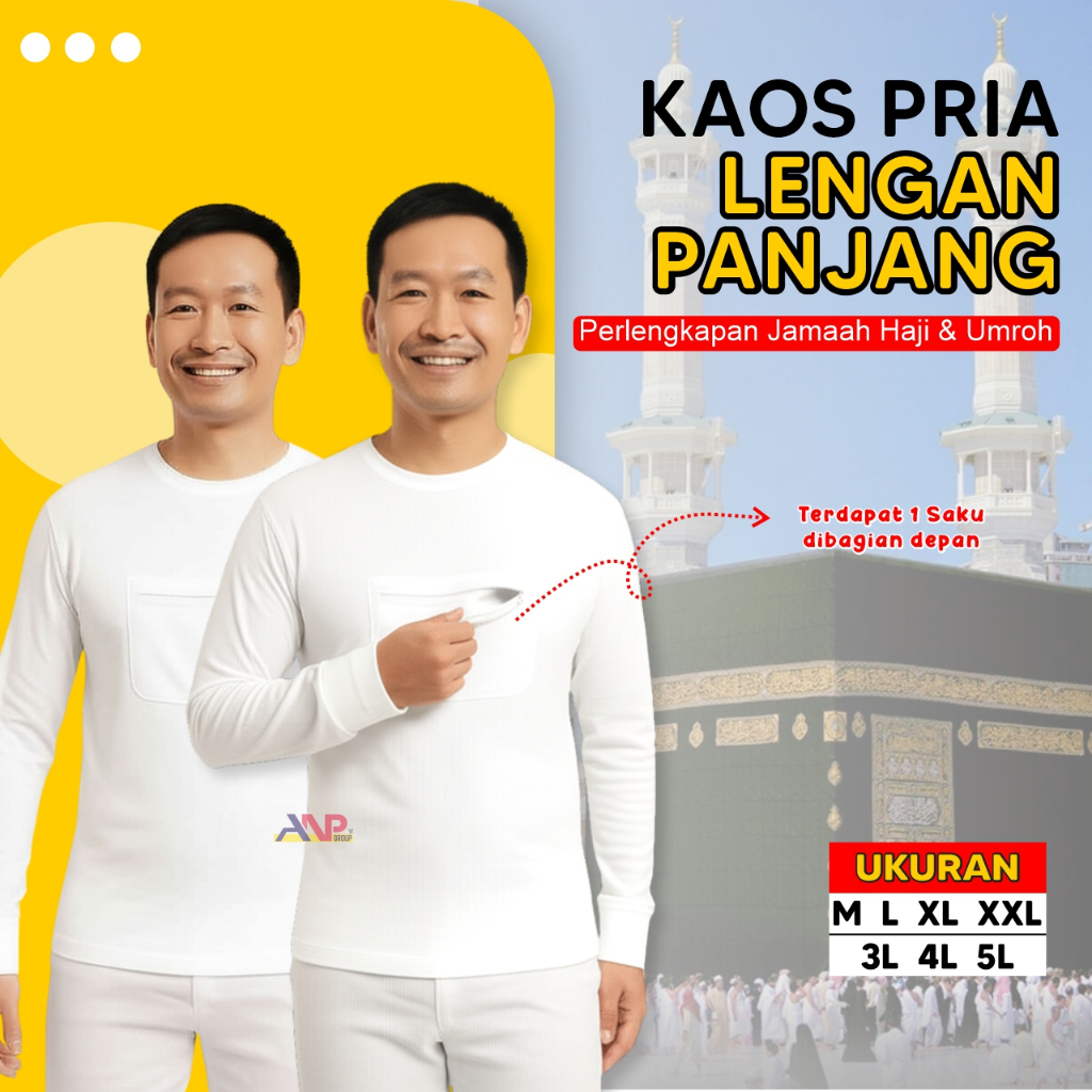 ANP88 Kaos Lengan Panjang Pria Kantong Saku Depan / Kaos Pria Polos Kantong Depan / Kaos Umroh Pria 