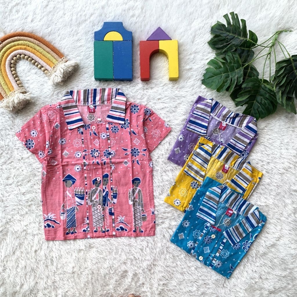 Esther Blus Top Atasan Batik Anak Bu Tedjo Kerah Lurik Lengan Pendek Berkancing Unik