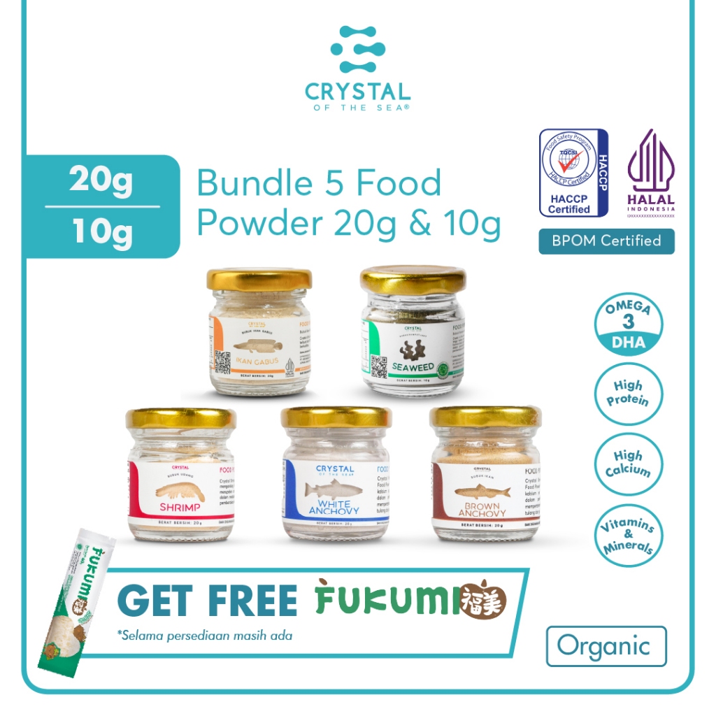 

Crystal of the Sea | Bundle 5 Food Powder (20GR & 10GR) | Bubuk Ikan Teri Nasi | Bubuk Udang Rebon | Bubuk Teri Jengki | Bubuk Rumput Laut/Umami | Bubuk Ikan Gabus / Penyedap Kaldu MPASI NON MSG PAKET HEMAT