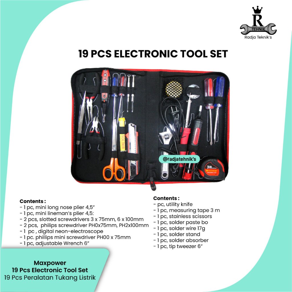 MAXPOWER Electronic Tool Set \ 19 Pcs Electronic Tool Set \19 Pcs Peralatan Tukang Listrik \ Hand To