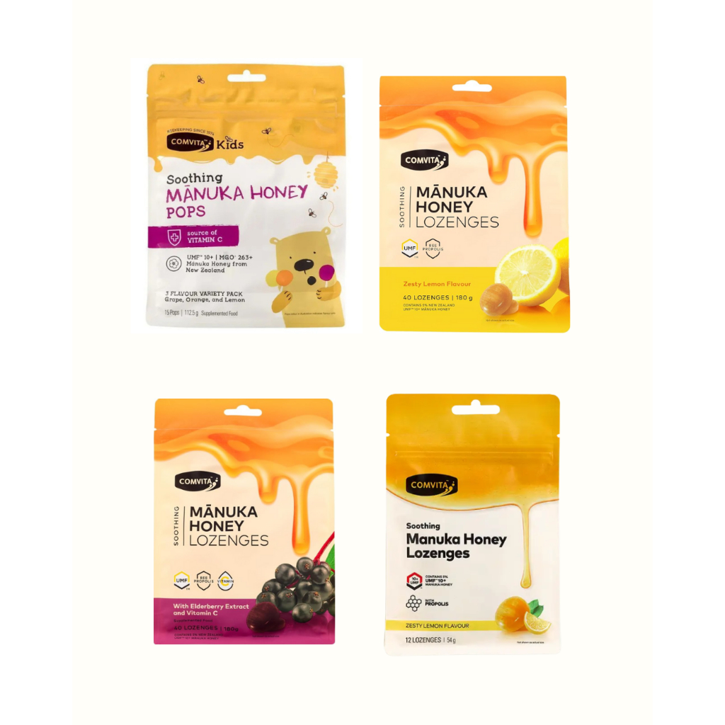 

Comvita Honey lozenges Isi 40 / 500 gram untuk Dewasa dan Anak, Obat Permen Tenggorokan Alami dari Manuka Honey Asli dari Australia, Permen Propolis dengan Lemon & Madu untuk Imunitas , Permen Madu Manuka dengan Ekstrak Elderberry & Vitamin C untuk Daya