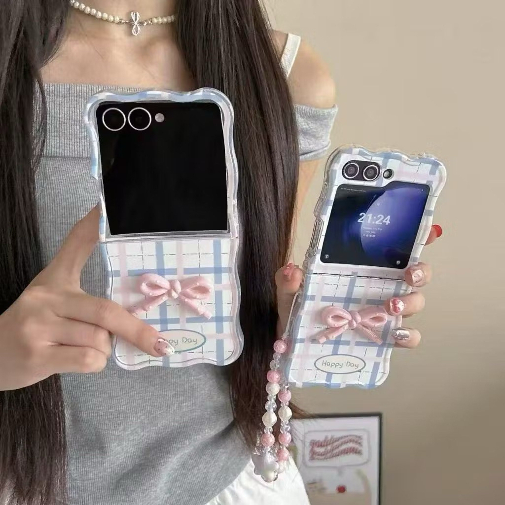Case Z Flip 7 Case Wave Ribbon Pink Timbul Happy Day For Samsung Z Flip 7 Z Flip 7 FE Z Flip 6 Z Fli