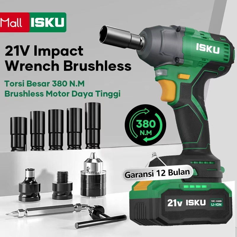 ISKU Kunci Impact Brushless 21V 380NM, Kunci Pas Listrik Torsi Tinggi untuk Bongkar Ban Mobil & Perb