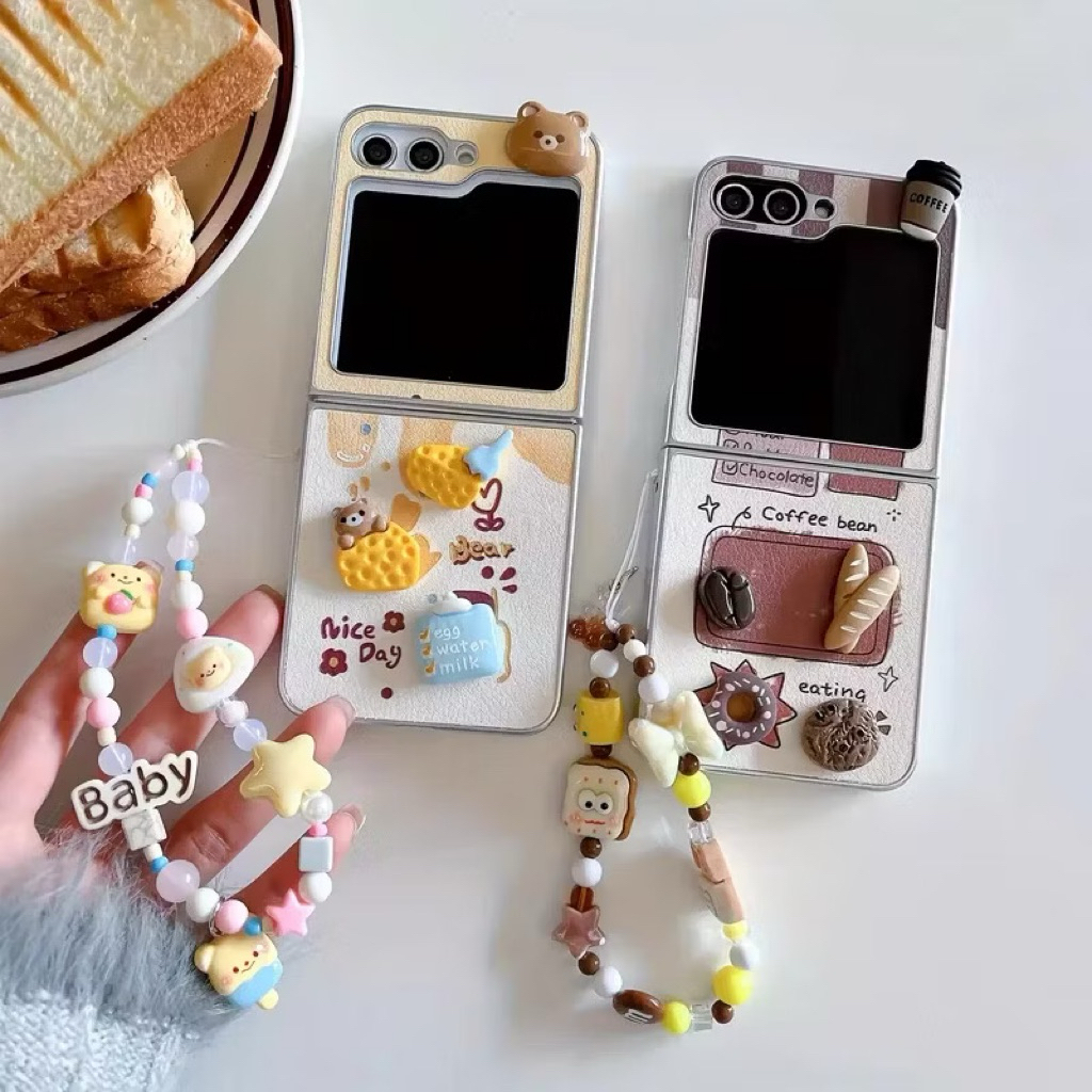 Cute Case Bear Cheese Egg Water Milk Chocolate Donut Coffe 3D Timbul With Phone Strap Lucu For Samsu