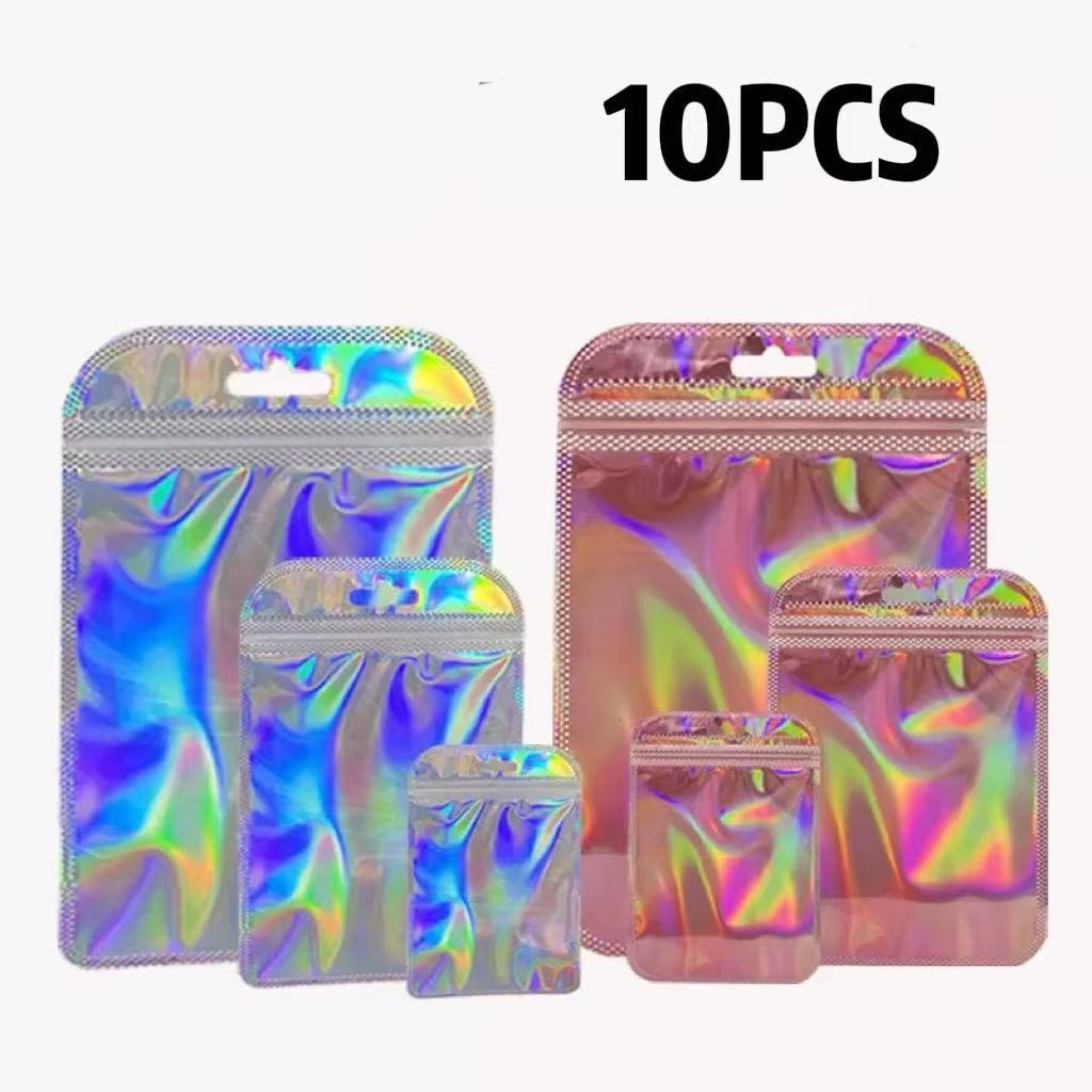 【10pcs】Plastik Ziplock Hologram - Hologram Holographic Souvenir Aksesoris Klip Zipper Ziplock Bening