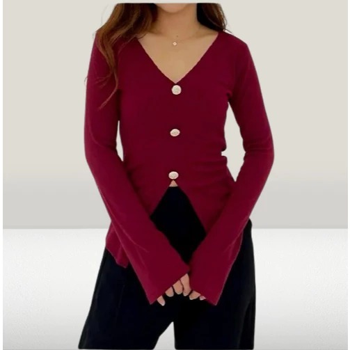 ade Top - Atasan Wanita Lengan Terompet Top Knit V-Neck Kancing Lengan Panjang