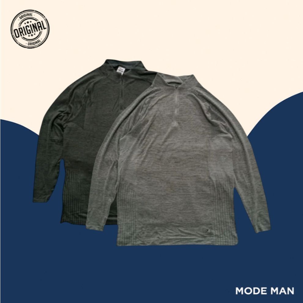 Gym-Shark Kaos Panjang Cowok Retake 1/4 Zip – Kaos Olahraga Pria, Baju Lari Gym, Pakaian Fitness Len