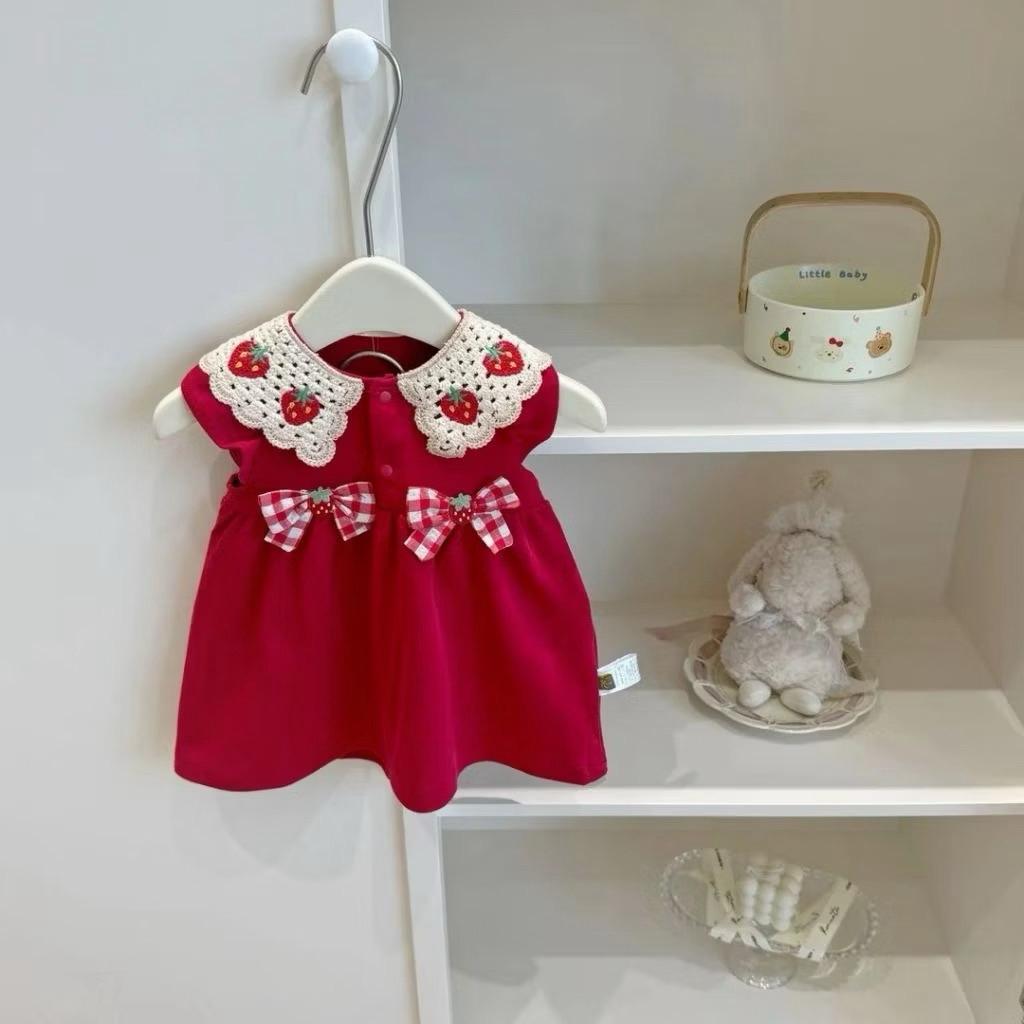 Gaun Merah Anak Perempuan Red Dress 3-7 tahun Cute Strawberry Collar Gaun Anak Princess