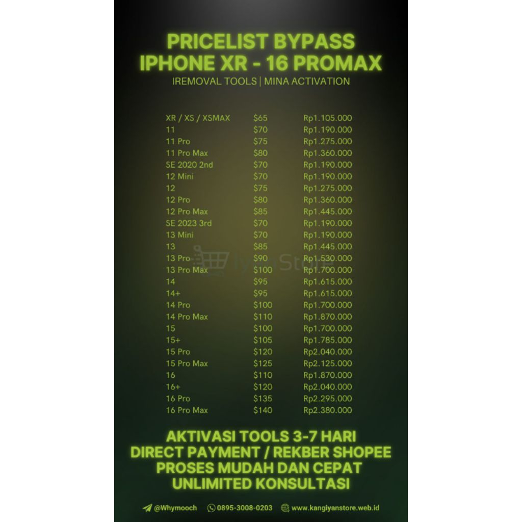 PRICELIST BYPASS IPHONE XR - 16 PROMAX
