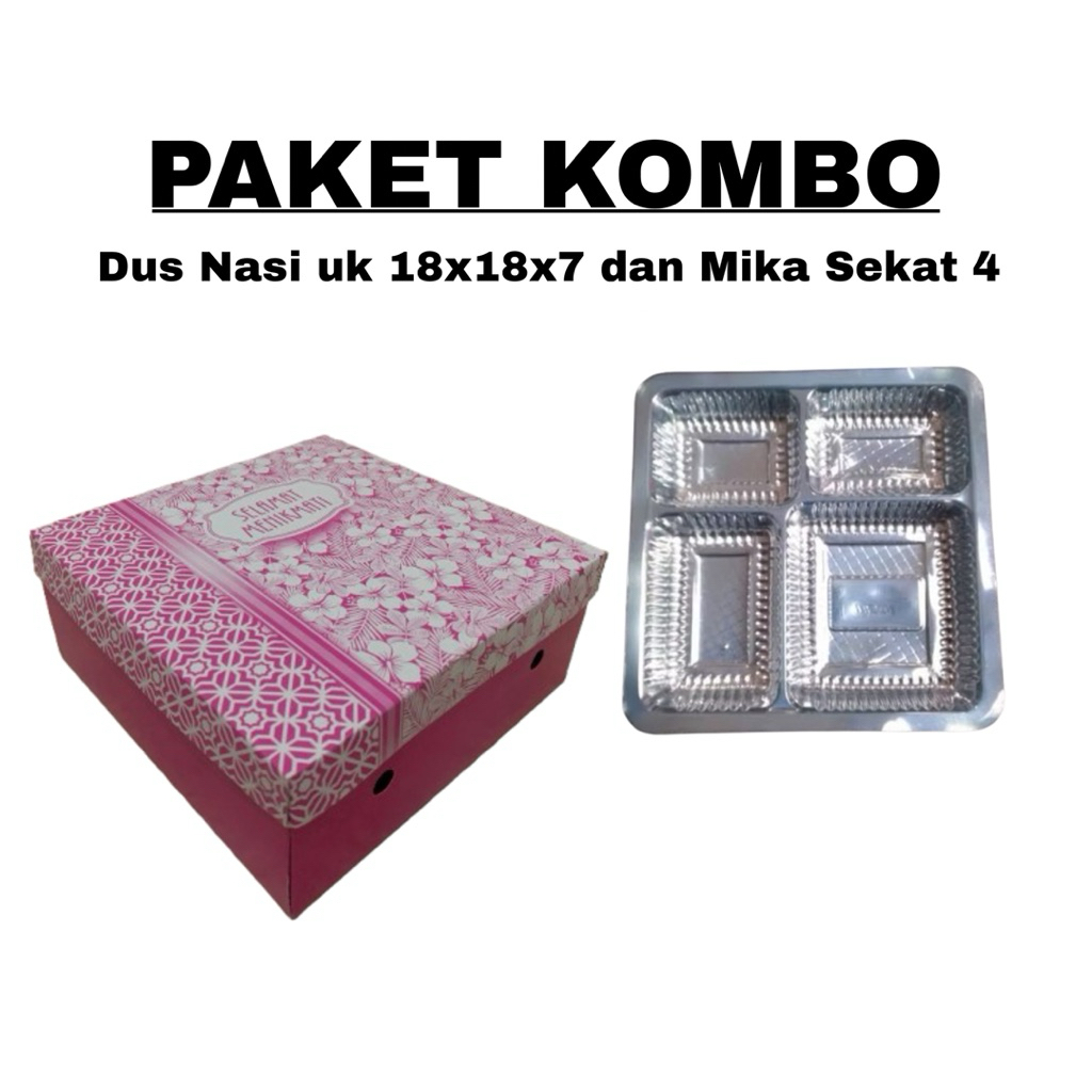 Paket Dus Nasi/Snack uk. 18x18x7 dan Mika Makanan | Kardus Nasi | Mika Sekat 4 |