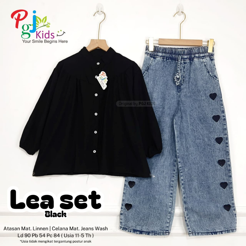 Lea Setelan Remaja Original PGJ Kids Top Linen Pants Jeans Wash (usia 11-15 th)