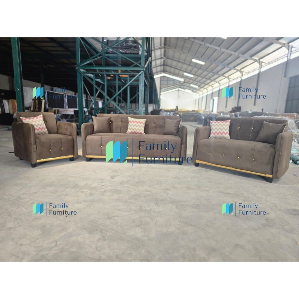 Sofa 3 2 1 Coklat Kain Baldu + Meja Tamu Batu Granit (V)