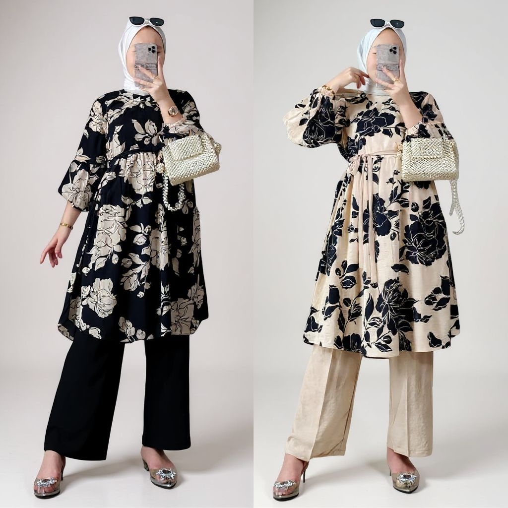 Davina Set Tunik One Set Wanita Long Tunik Rayon Premium Baju Setelan Wanita Kekinian Celana Kulot