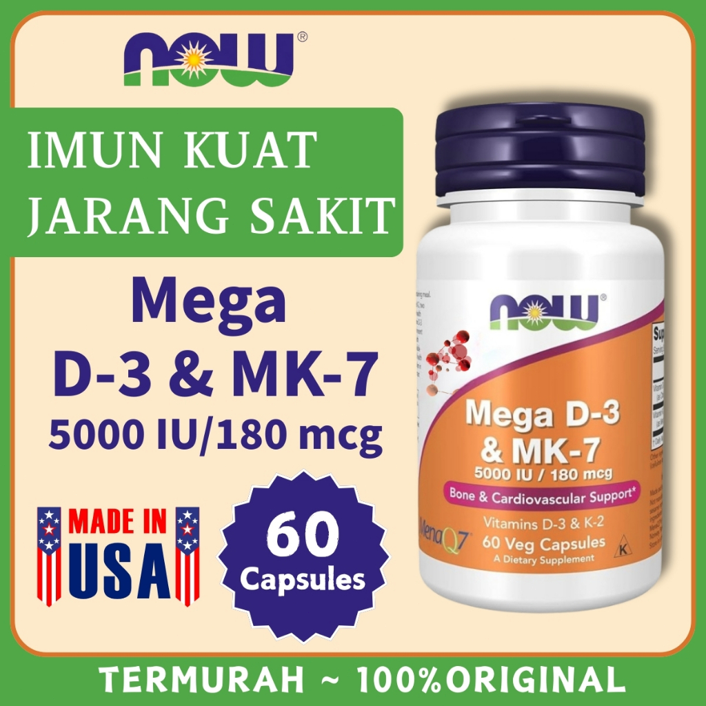 Now Foods Mega D-3 & MK-7 (D3 5000 IU & MK7 180 mcg) 60 Veg Capsules  Vitamin D3  K2 D-3&K-2