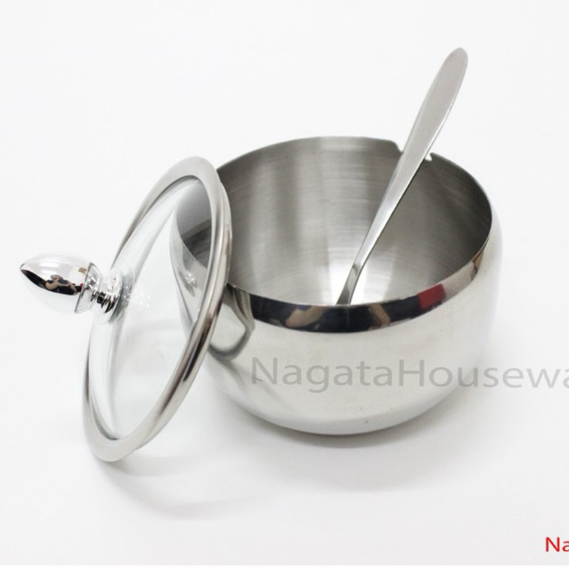 Tempat Bumbu Dapur Stainless / Tempat Cabe Bakso / Mangkok Cabe Tutup Kaca / Mangkok Kecil Stainless