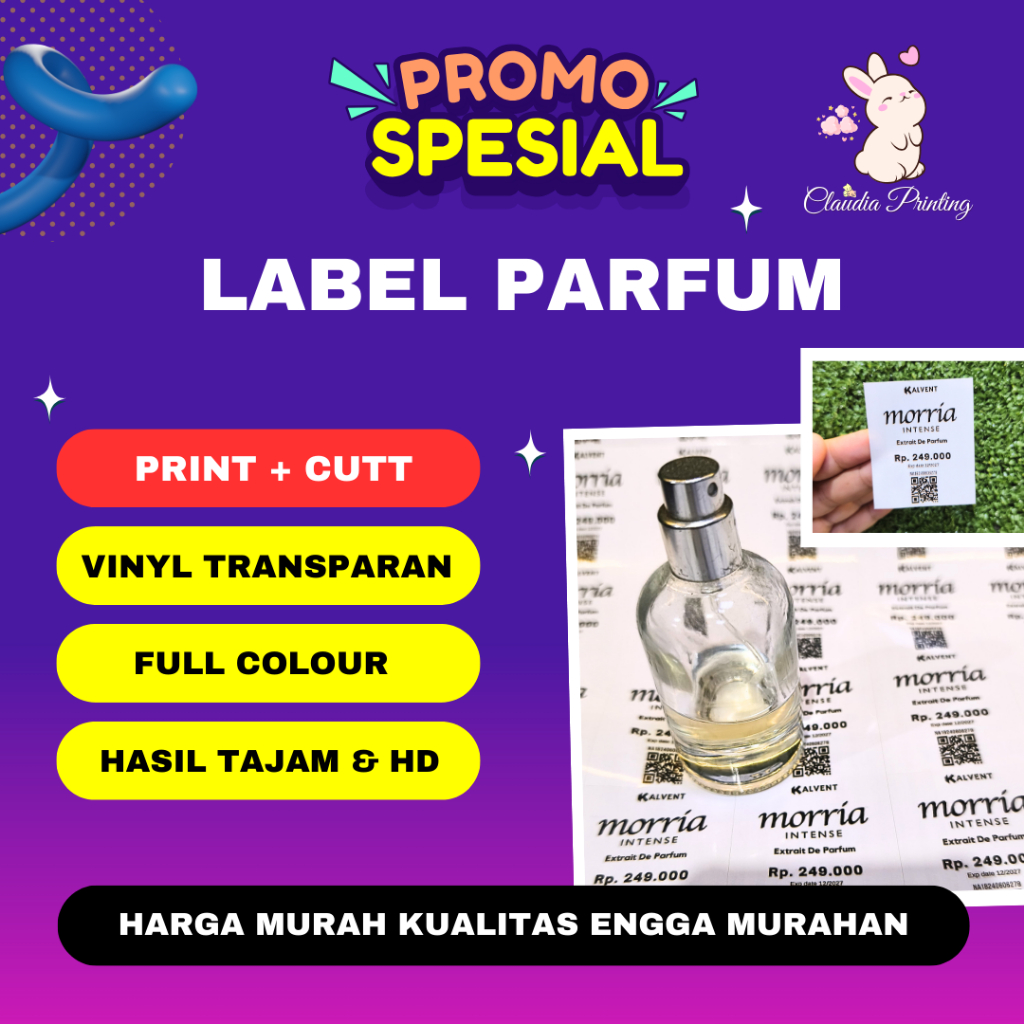 LABEL PARFUM / Print & Cut Sticker Vinyl TRANSPARAN A3+ / Cetak Kiss Cut Stiker Label Vinyl (Tahan A