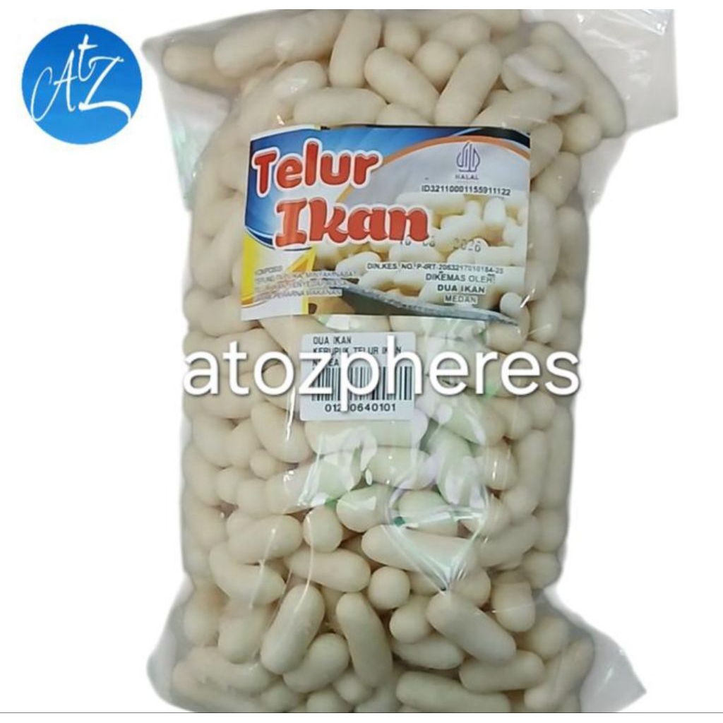 

Cemilan snek makanan ringan halal MUI DUA IKAN Pilus Telur