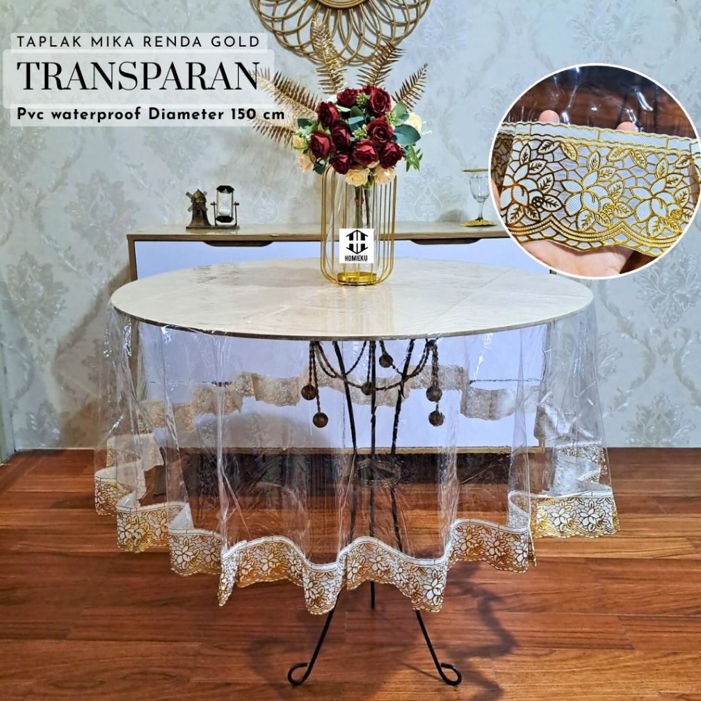 Taplak Meja Mika Bulat Bening Transparan Renda 150 180 cm - mika bulat 6 8 kursi