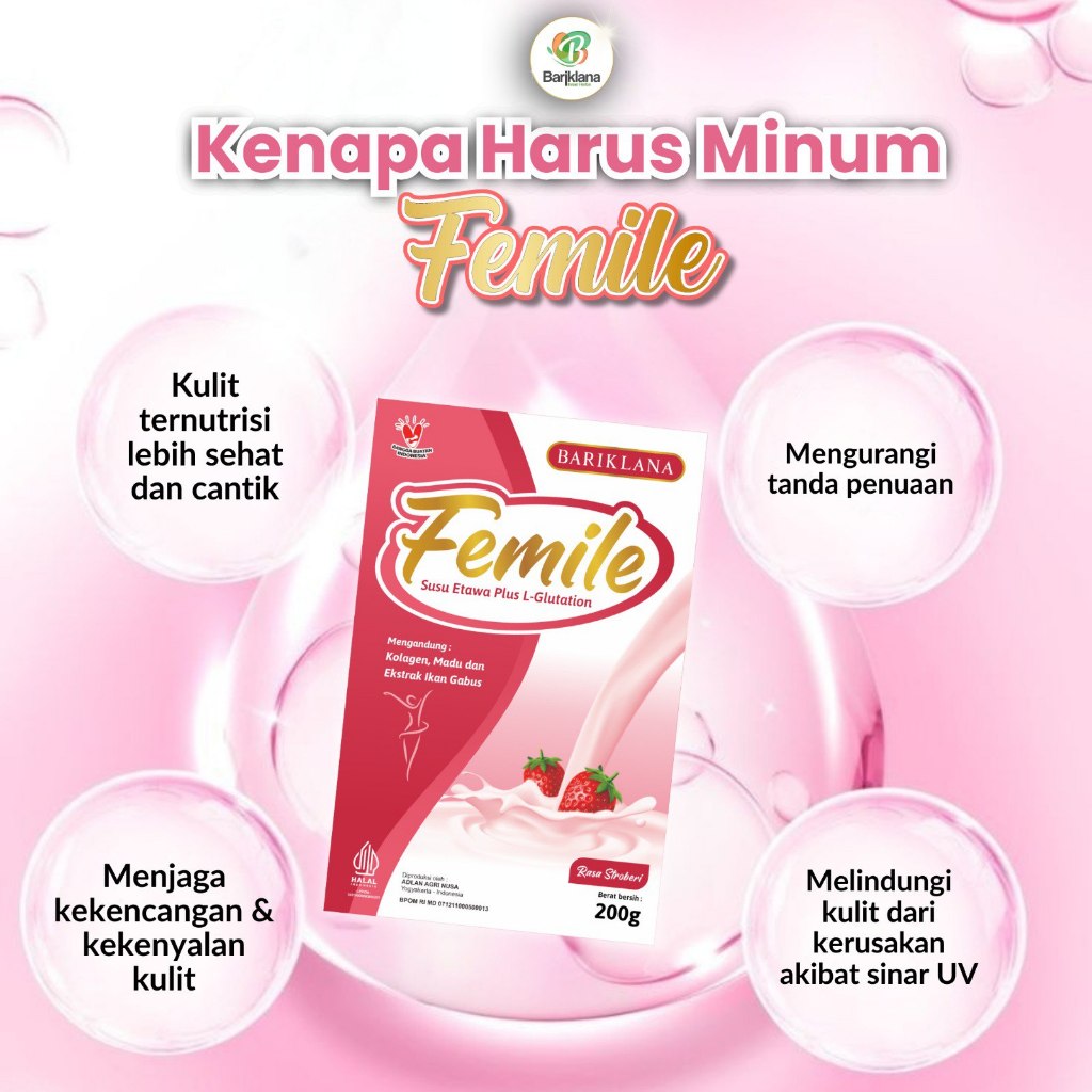 

FEMILE Susu Kambing Etawa Plus L-Glutathione khusus WANITA untuk kecantikkan FEMILE BARIKLANA 200gr